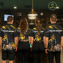 Load image into Gallery viewer, Four people wearing billiards polo shirt featuring a duck holding an eight ball with pool balls arranged across a black yellow background.