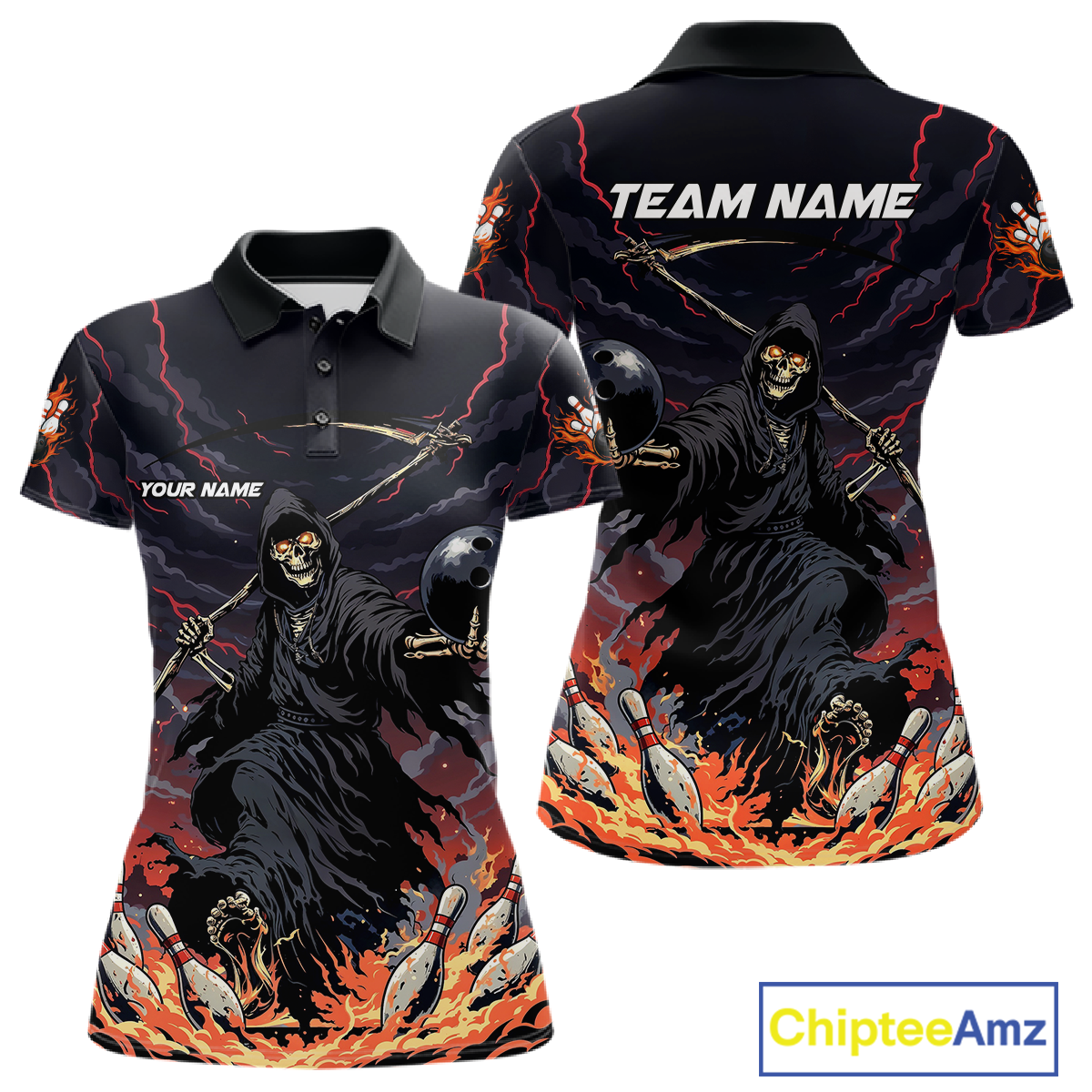 Custom Grim Reaper Flame Bowling Jersey for Women Bowling Team Shirts Polo & 1/4 Zip HNT193