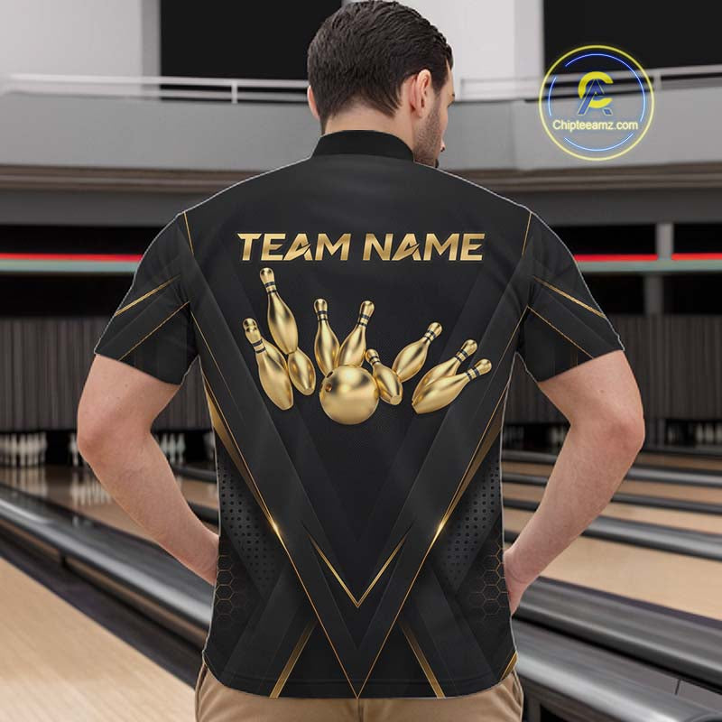 Custom Black Gold Bowling Jersey for Men Bowling Team Shirts Polo & 1/4 Zip Bowling League HNT474
