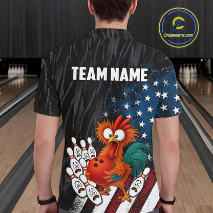 Custom American Flag Funny Chicken Bowling Jersey for Men Bowling Team Shirts Polo & 1/4 Zip HNT475