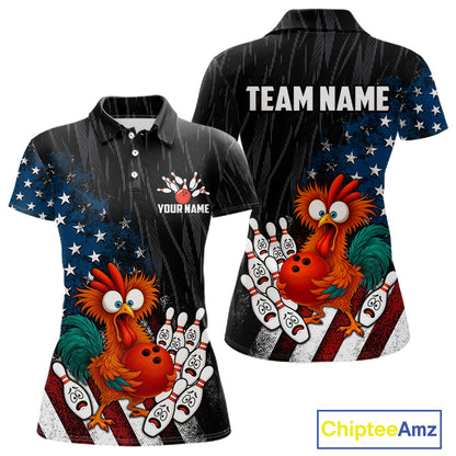 Custom American Flag Funny Chicken Bowling Jersey for Women Bowling Team Shirts Polo & 1/4 Zip HNT475