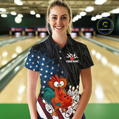 Custom American Flag Funny Chicken Bowling Jersey for Women Bowling Team Shirts Polo & 1/4 Zip HNT475
