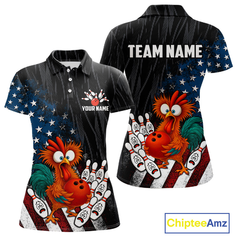 Custom American Flag Funny Chicken Bowling Jersey for Women Bowling Team Shirts Polo & 1/4 Zip HNT475