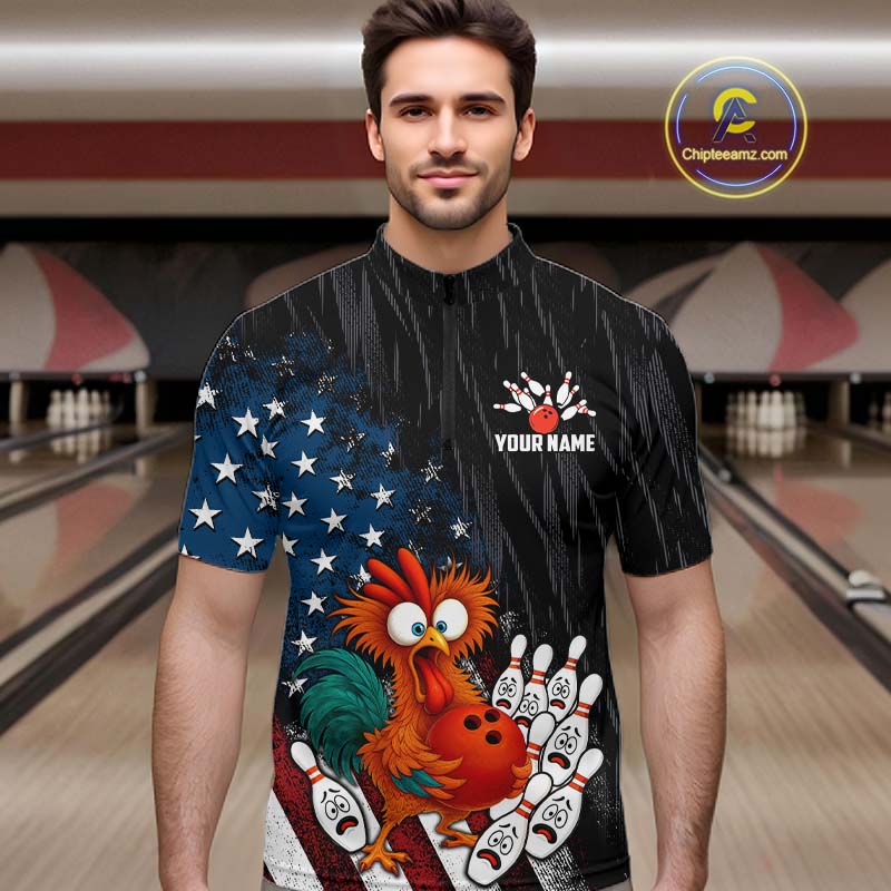 Custom American Flag Funny Chicken Bowling Jersey for Men Bowling Team Shirts Polo & 1/4 Zip HNT475