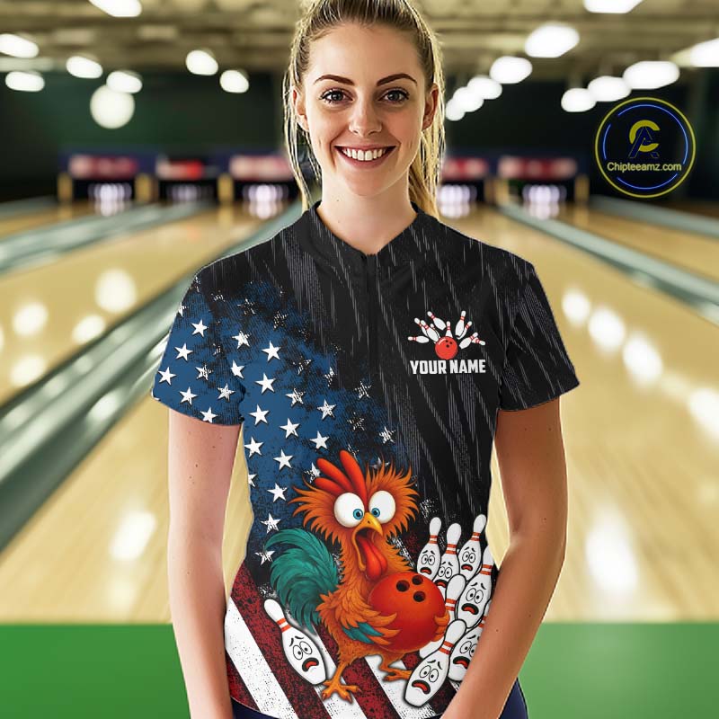 Custom American Flag Funny Chicken Bowling Jersey for Women Bowling Team Shirts Polo & 1/4 Zip HNT475