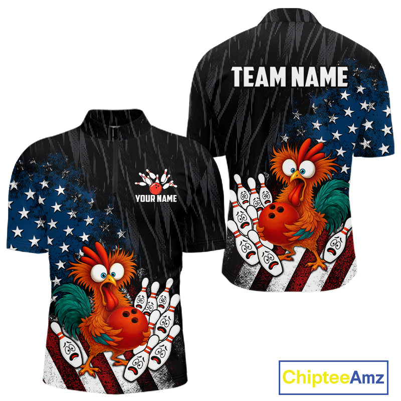 Custom American Flag Funny Chicken Bowling Jersey for Men Bowling Team Shirts Polo & 1/4 Zip HNT475