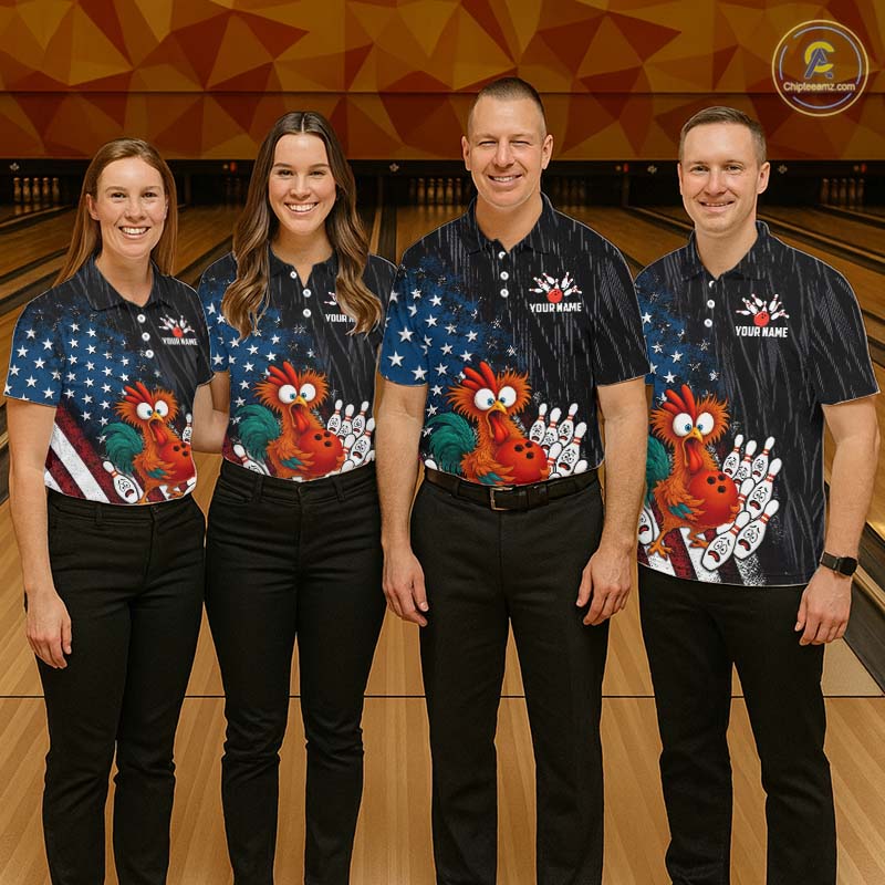Custom American Flag Funny Chicken Bowling Jersey for Men Bowling Team Shirts Polo & 1/4 Zip HNT475
