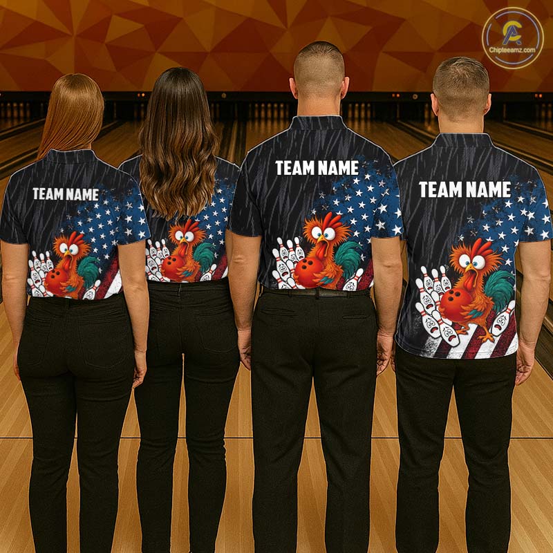 Custom American Flag Funny Chicken Bowling Jersey for Women Bowling Team Shirts Polo & 1/4 Zip HNT475