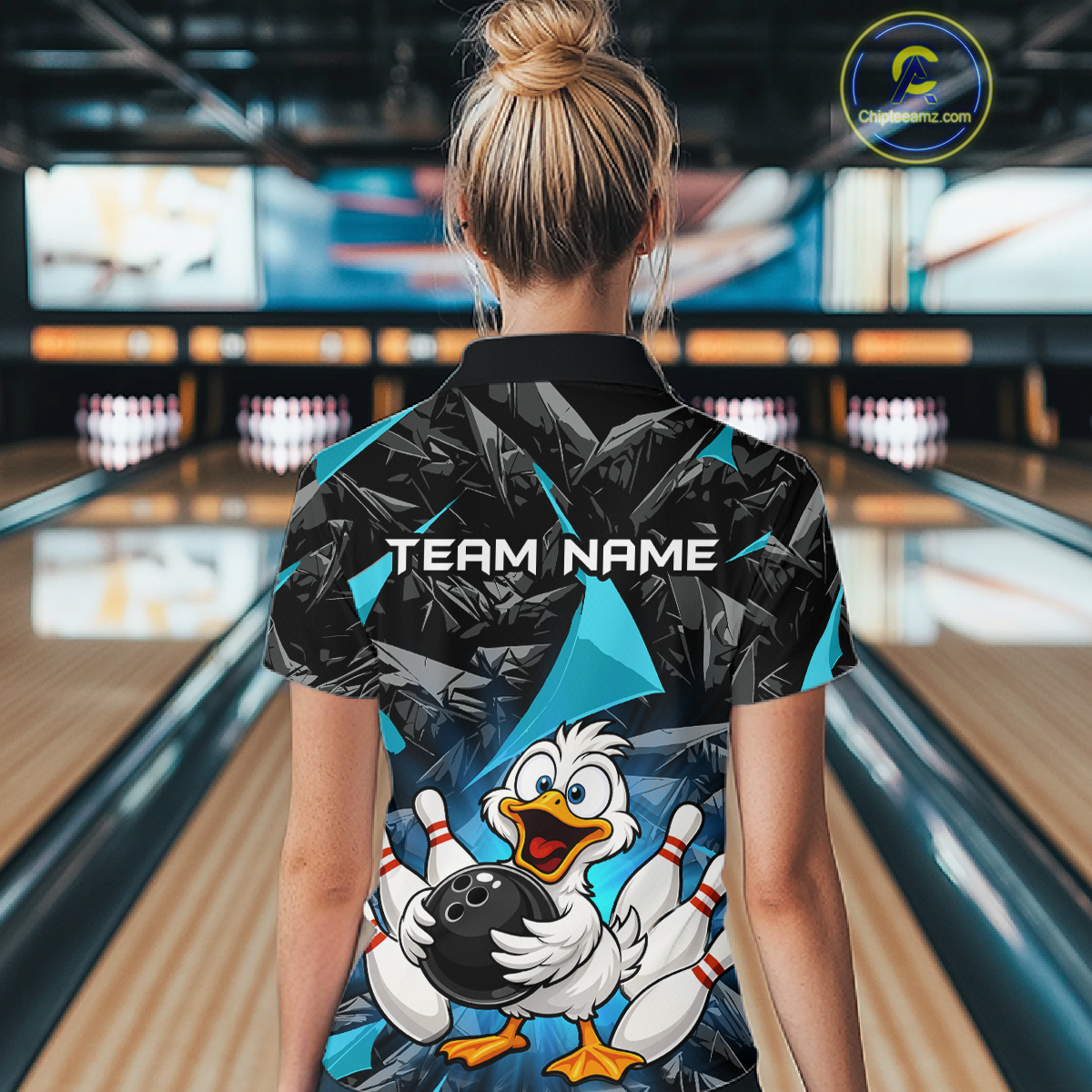 Custom Turquoise Funny Duck Bowling Jersey for Women Bowling League Bowling Team Shirts Polo & 1/4 Zip HN233