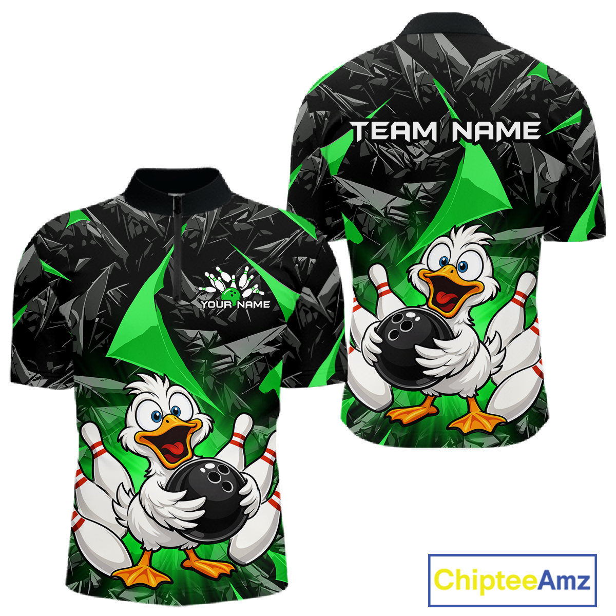 Custom Green Funny Duck Bowling Jersey for Men Bowling League Bowling Team Shirts Polo & 1/4 Zip HN233
