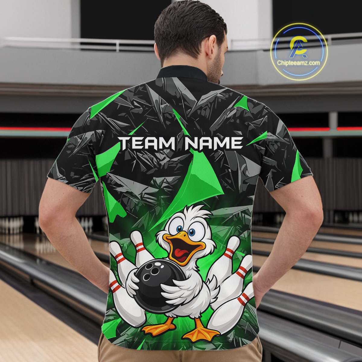 Custom Green Funny Duck Bowling Jersey for Men Bowling League Bowling Team Shirts Polo & 1/4 Zip HN233