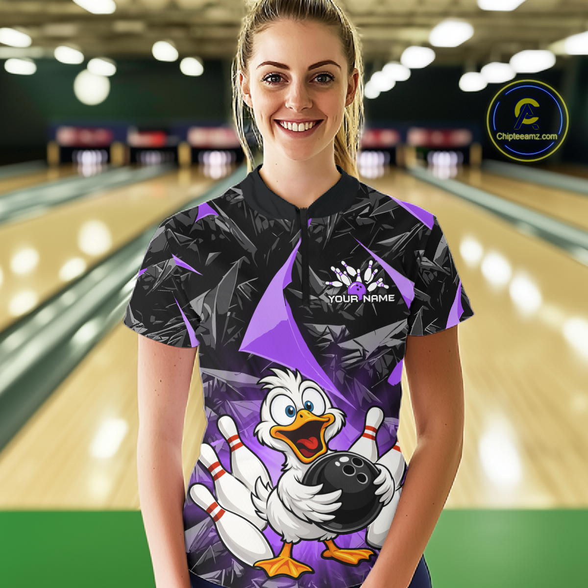 Custom Purple Funny Duck Bowling Jersey for Women Bowling League Bowling Team Shirts Polo & 1/4 Zip HN233