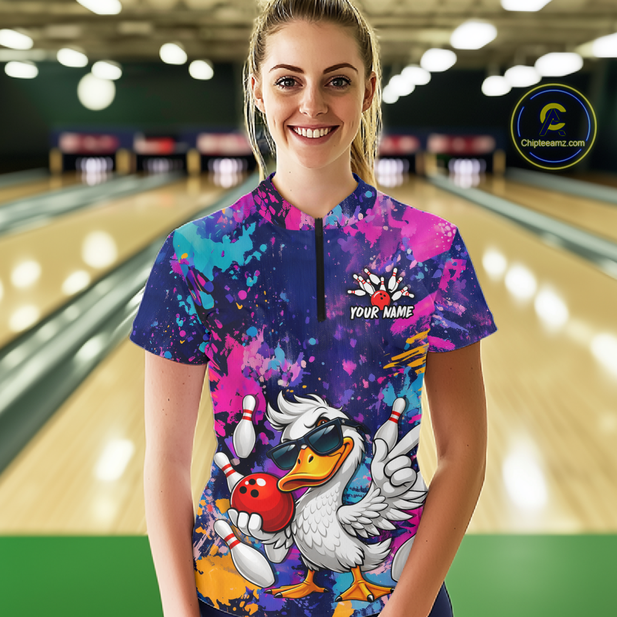 Custom Graffiti Funny Duck Bowling Jersey for Women Bowling League Bowling Team Shirts Polo & 1/4 Zip HN234