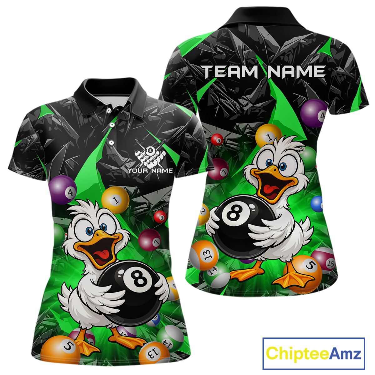 Custom Green Funny Duck 8 Ball Pool Shirts Billiard Shirt for Women Billiard Team Jersey League NNT172