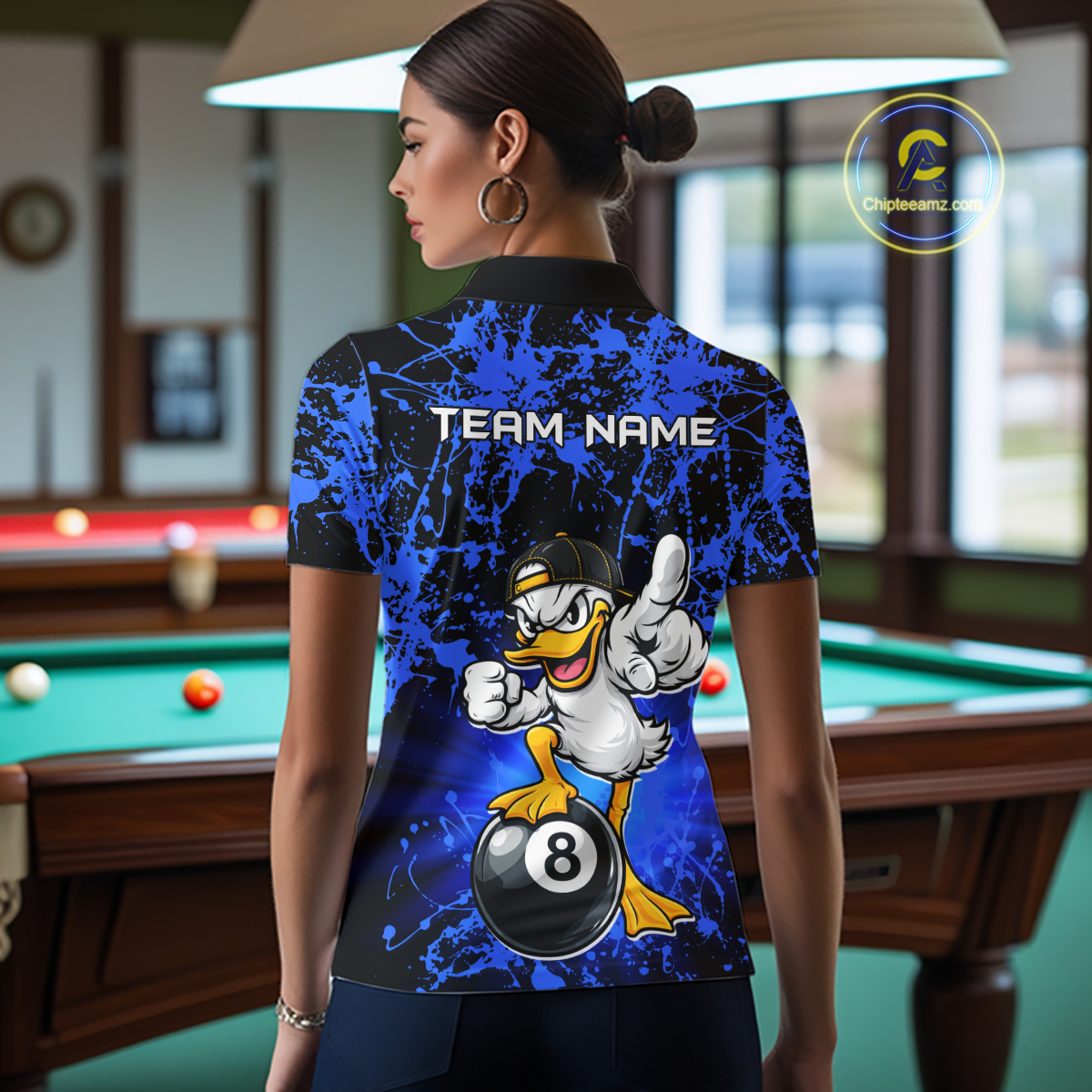 Custom Blue Funny Duck Billiard Shirt for Women Billiard Team Jersey League 8 Ball Pool Shirts NNT171