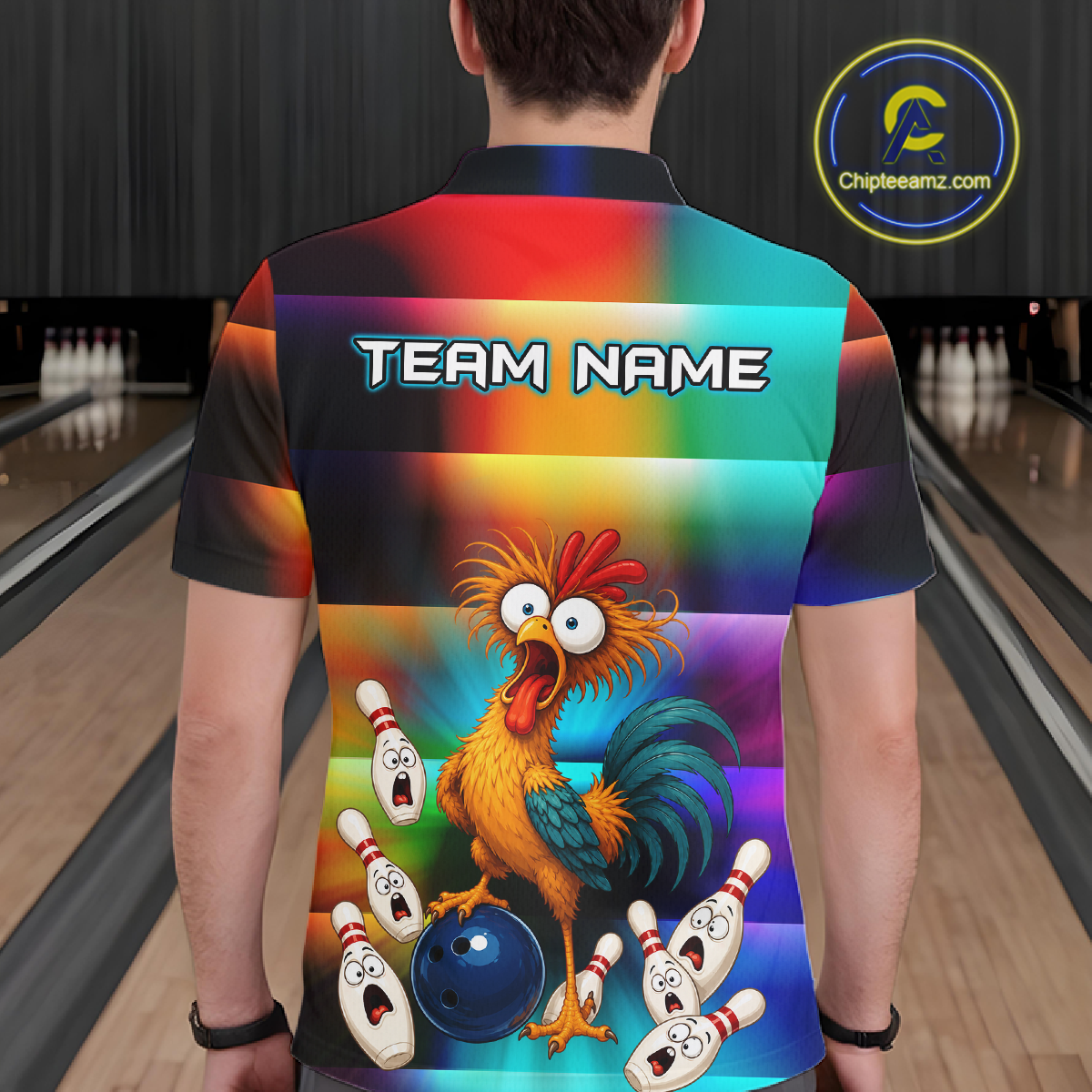 Man wearing a colorful bowling polo featuring a shocked rooster chicken, blue bowling ball, surprised pins, and custom your name text.