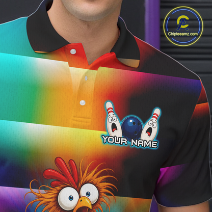 Colorful polo shirt with cartoon characters and 'Your Name' text, brand logo visible.