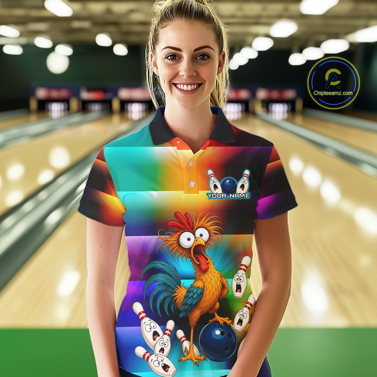 Woman wearing a colorful bowling polo featuring a shocked rooster chicken, blue bowling ball, surprised pins, and custom your text.