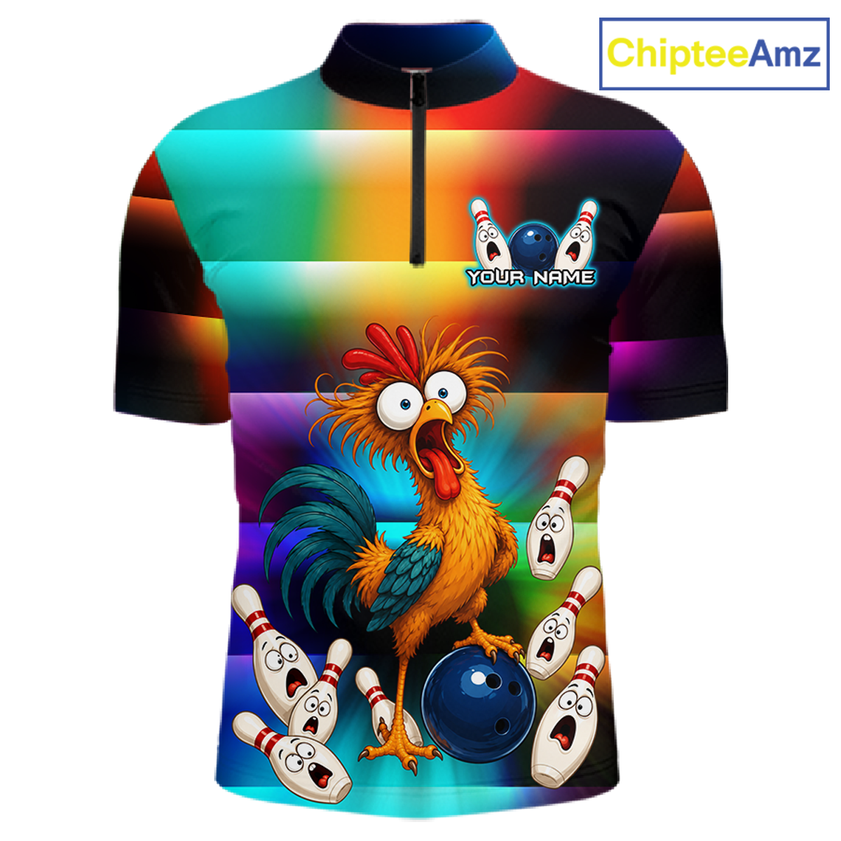 Front views of a colorful bowling  quarter zip featuring a shocked rooster chicken, blue bowling ball, surprised pins, and custom team and your text.