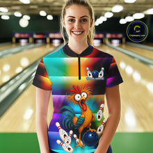 Load image into Gallery viewer, Woman wearing a colorful bowling quarter zip featuring a shocked rooster chicken, blue bowling ball, surprised pins, and custom your name text.
