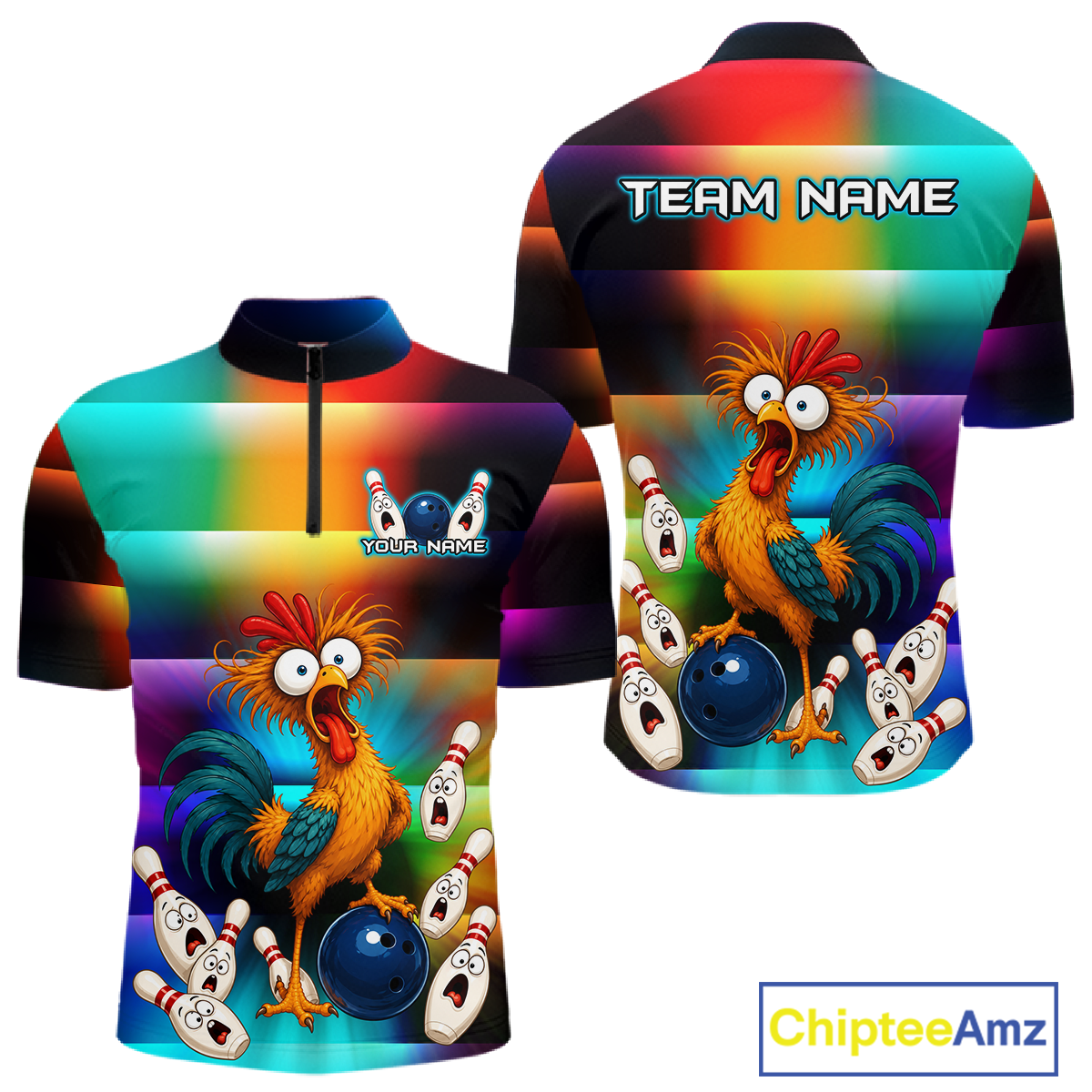 Front and back views of a colorful bowling quarter zip featuring a shocked rooster chicken, blue bowling ball, surprised pins, and custom team and your text.