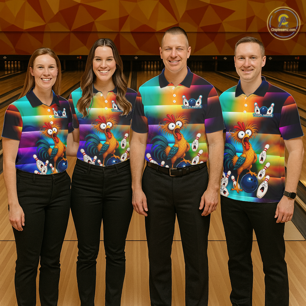 Four people wearing colorful bowling quarter zip featuring a shocked rooster chicken, blue bowling ball, surprised pins, and custom team name text.