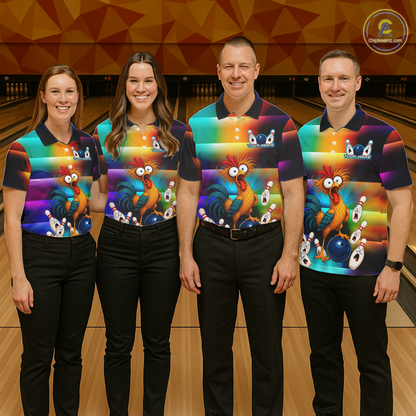 Four people wearing colorful bowling quarter zip featuring a shocked rooster chicken, blue bowling ball, surprised pins, and custom team name text.