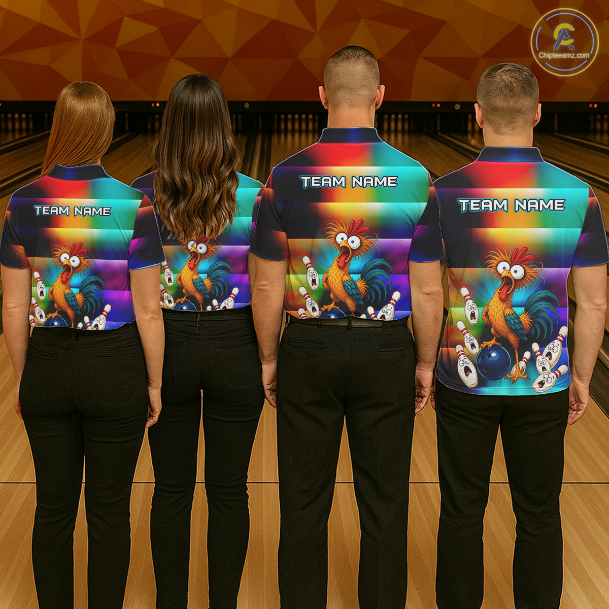 Four people wearing colorful bowling polo featuring a shocked rooster chicken, blue bowling ball, surprised pins, and custom team name text.