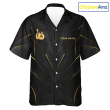 Load image into Gallery viewer, Front view personalized bowling hawaiin shirt with a crowned bowling ball accent paired with gold line patterns across a black layout.