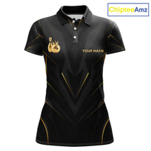 Load image into Gallery viewer, Front view personalized bowling polo shirt with a crowned bowling ball accent paired with gold line patterns across a black layout.