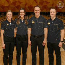 Load image into Gallery viewer, Four people wearing personalized bowling polo shirt with a crowned bowling ball accent paired with gold line patterns across a black layout.