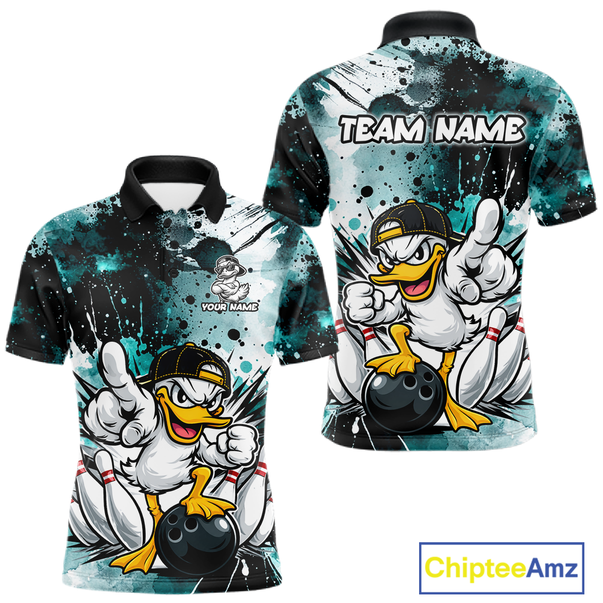 Custom Teal Funny Duck Bowling Jersey for Men Bowling Uniform Polo & 1/4 Zip Bowling Team Shirts HNT237
