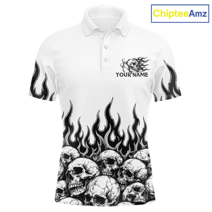 Custom Skull Flame Bowling Jersey for Men Bowling Team Shirts Bowling League Polo & 1/4 Zip HNT305
