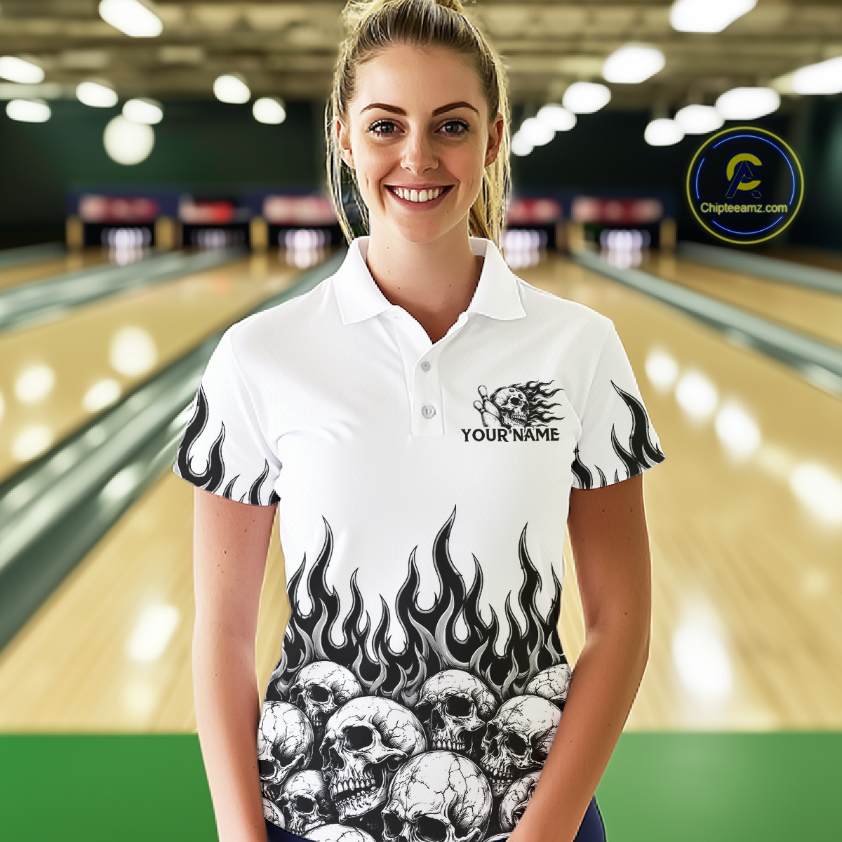 Custom Skull Flame Bowling Jersey for Women Bowling Team Shirts Bowling League Polo & 1/4 Zip HNT305