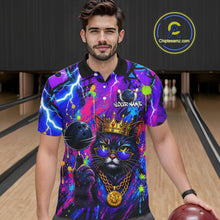 Load image into Gallery viewer, Men wearing personalized bowling polo shirt with a crowned cat holding a bowling ball, blended with colorful paint strokes and graphic patterns.