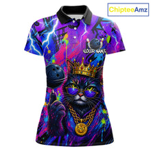 Load image into Gallery viewer, Front view personalized bowling polo shirt with a crowned cat holding a bowling ball, blended with colorful paint strokes and graphic patterns.