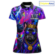 Load image into Gallery viewer, Front view personalized bowling polo shirt with a crowned bulldog holding a bowling ball, surrounded by paint effects and bold graphic patterns.