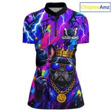 Load image into Gallery viewer, Front view personalized bowling quarter zip shirt with a crowned bulldog holding a bowling ball, surrounded by paint effects and bold graphic patterns.