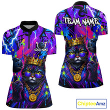 Load image into Gallery viewer, Front and back view personalized bowling quarter zip shirt with a crowned cat holding a bowling ball, blended with colorful paint strokes and graphic patterns.