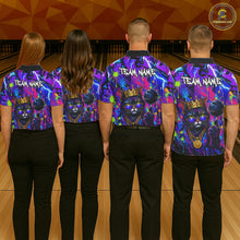 Load image into Gallery viewer, Four people wearing personalized bowling polo shirt with a crowned cat holding a bowling ball, blended with colorful paint strokes and graphic patterns.