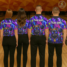 Load image into Gallery viewer, Four people wearing personalized bowling polo shirt with a crowned bulldog holding a bowling ball, surrounded by paint effects and bold graphic patterns.