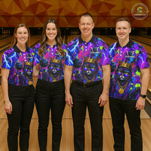 Load image into Gallery viewer, Four people wearing personalized bowling polo shirt with a crowned cat holding a bowling ball, blended with colorful paint strokes and graphic patterns.