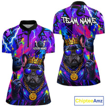 Load image into Gallery viewer, Front and back view personalized bowling quarter zip shirt with a crowned bulldog holding a bowling ball, surrounded by paint effects and bold graphic patterns.