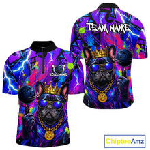 Load image into Gallery viewer, Front and back view personalized bowling quarter zip shirt with a crowned bulldog holding a bowling ball, surrounded by paint effects and bold graphic patterns.