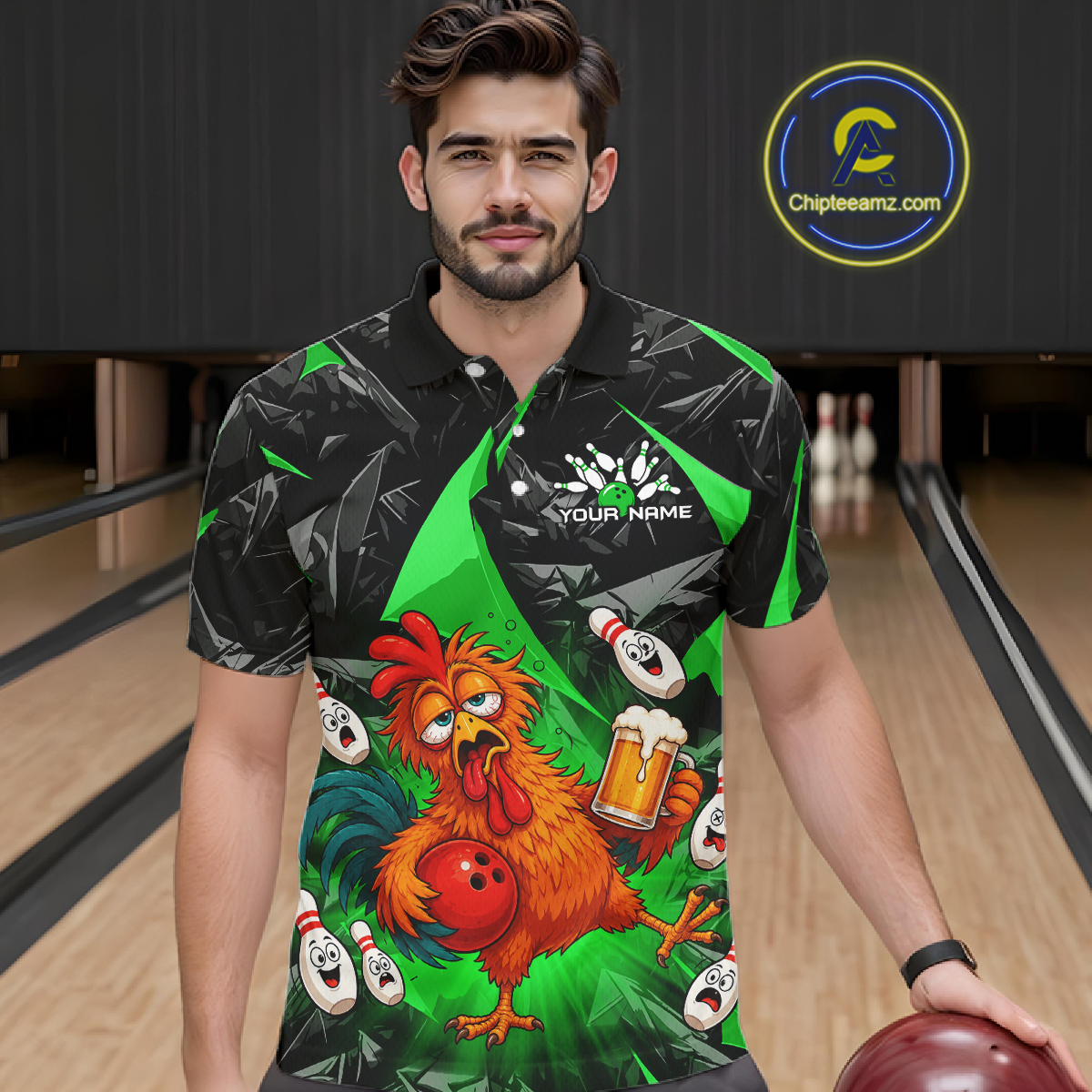 Man wearing a black and green bowling polo featuring a wild rooster mascot holding a beer mug and red bowling ball, with custom your name text.