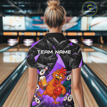 Load image into Gallery viewer, Woman wearing a black and purple bowling quarter zip featuring a wild rooster mascot holding a beer mug and red bowling ball, with custom team name text.