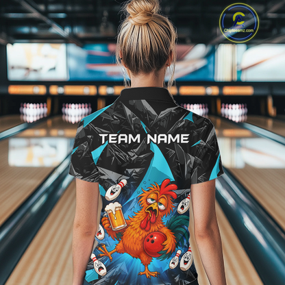 Woman wearing a black and turquoise bowling polo featuring a wild rooster mascot holding a beer mug and red bowling ball, with custom team name text.