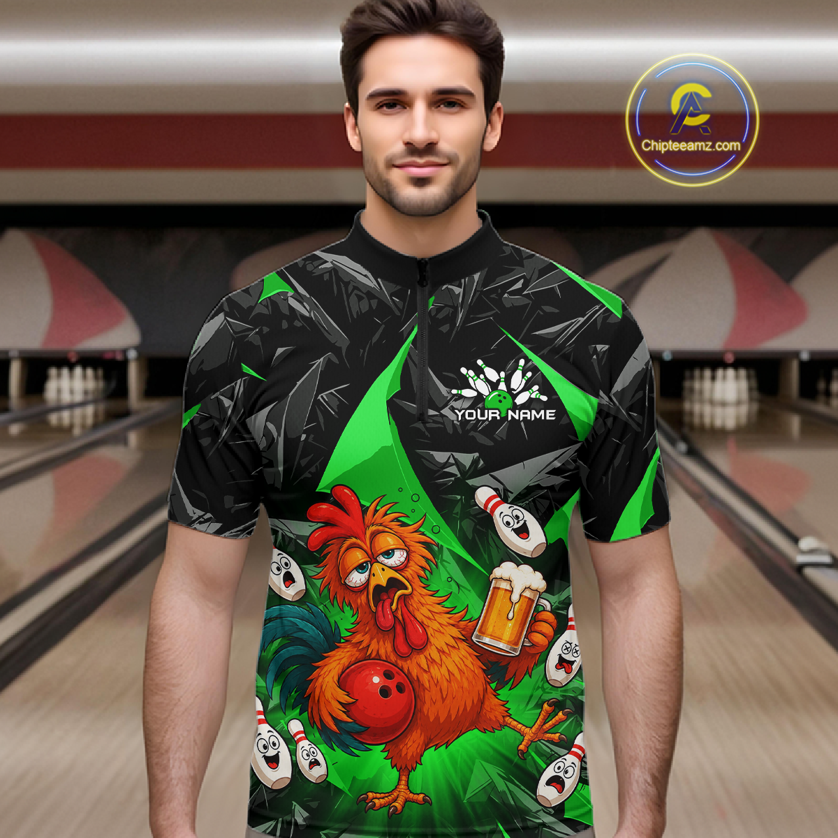 Man wearing a black and green bowling  quarter zip featuring a wild rooster mascot holding a beer mug and red bowling ball, with custom your name text.