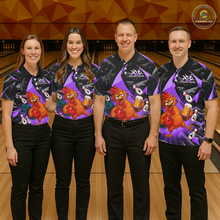 Load image into Gallery viewer, Four people wearing black and purple bowling polo featuring a wild rooster mascot holding a beer mug and red bowling ball, with custom your name text.