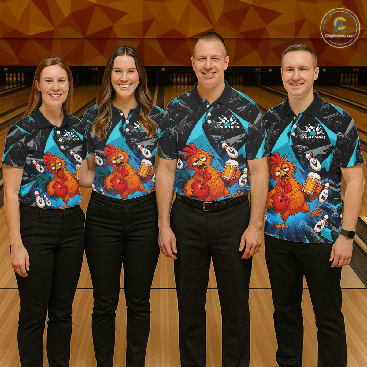Four people wearing black and turquoise bowling polo featuring a wild rooster mascot holding a beer mug and red bowling ball, with custom your name text.